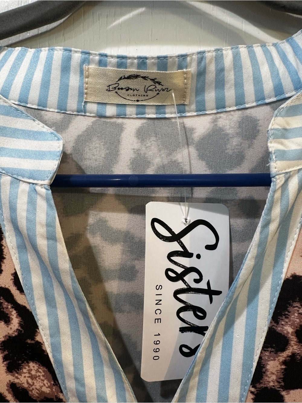 Women’s Leopard Print Tiered Dress with Blue Stripe Trim - Picture 2 of 4